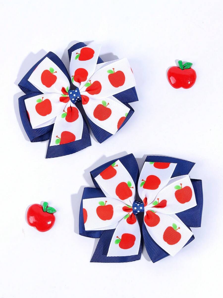 2 piezas de pinzas para el cabello con lazo y estampado de manzana en blanco & azul marino para niñas, bonitas barretas, pinzas de cocodrilo, primer día de escuela, accesorios para el cabello de uso diario casual - Multicolor - Ver 1