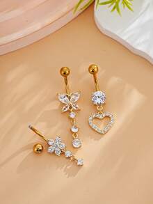 3pcs Stainless Steel Navel Ring Set Butterfly Heart Flower Inlaid Shiny Zirconia Sexy Belly Piercing Jewelry 18K Gold Plated For Women - Yellow Gold - View 4