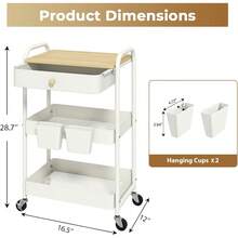 3 Tier Rolling Cart Metal Utility Cart With Wooden Table Top Drawer Hanging Cups Storage Cart For Kitchen Bathroom Office - White - View 2