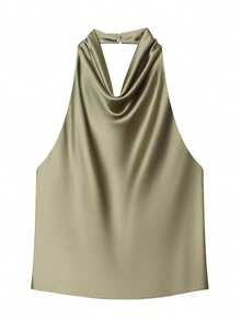 Top de satén de unicolor con cuello halter y espalda descubierta para primavera/verano - Verde militar - Ver 2