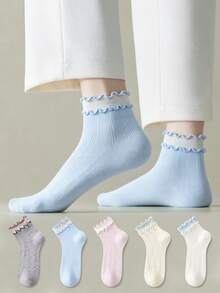 ZUJO 5 Pairs Cute Sweet Ruffle Trim Ankle Socks, Skin-Friendly Breathable Socks, Suitable For All Seasons Daily Wear, Random Colors - Multicolor - View 2