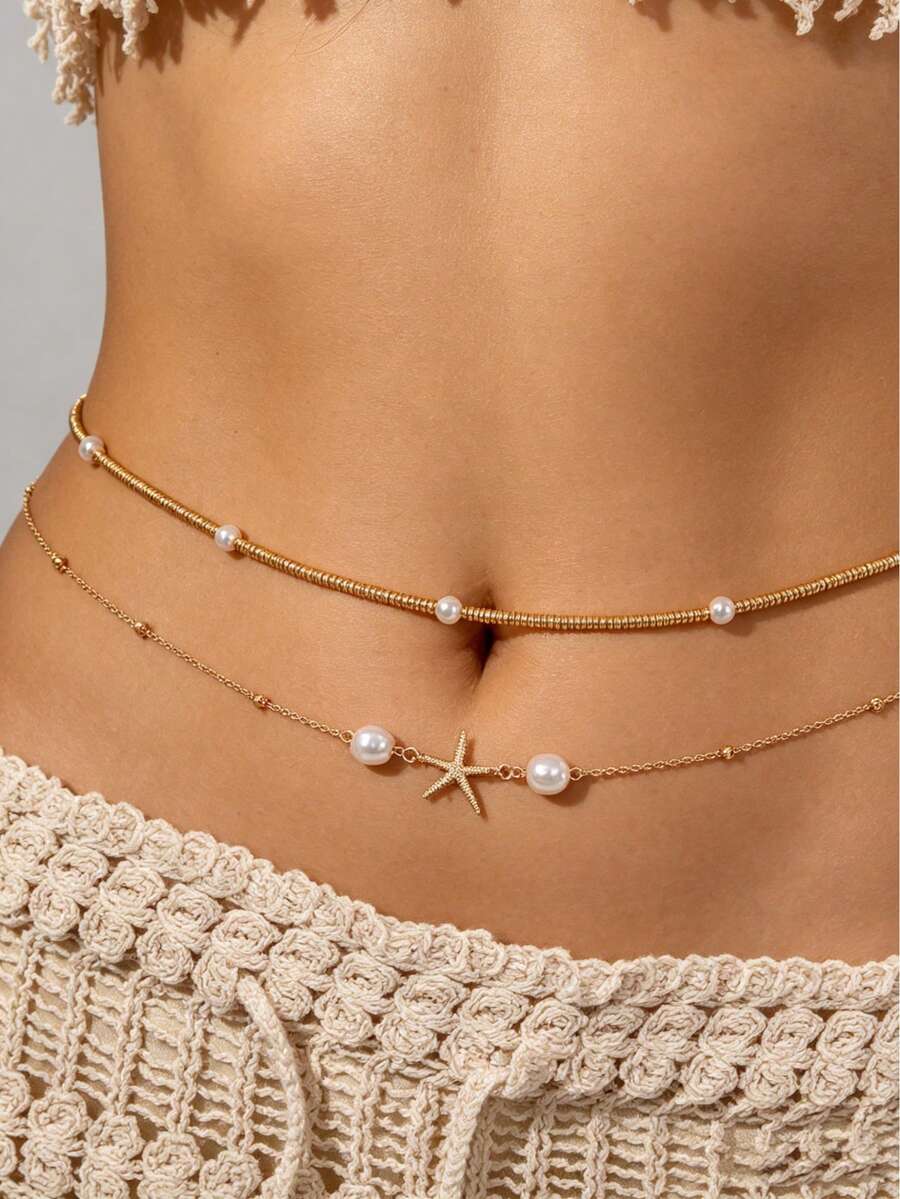 2pcs Fashionable Minimalist Sexy Metal Starfish Double Layer Chain Waist Chain, Suitable For Daily And Vacation Wear - Yellow Gold - View 1