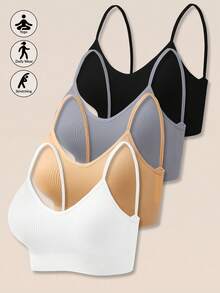 Set Of 4 Women's Seamless Striped Bras, Strappy Back, Wireless, Sexy And Comfortable Padded Underwear - 白色 - 查看 1