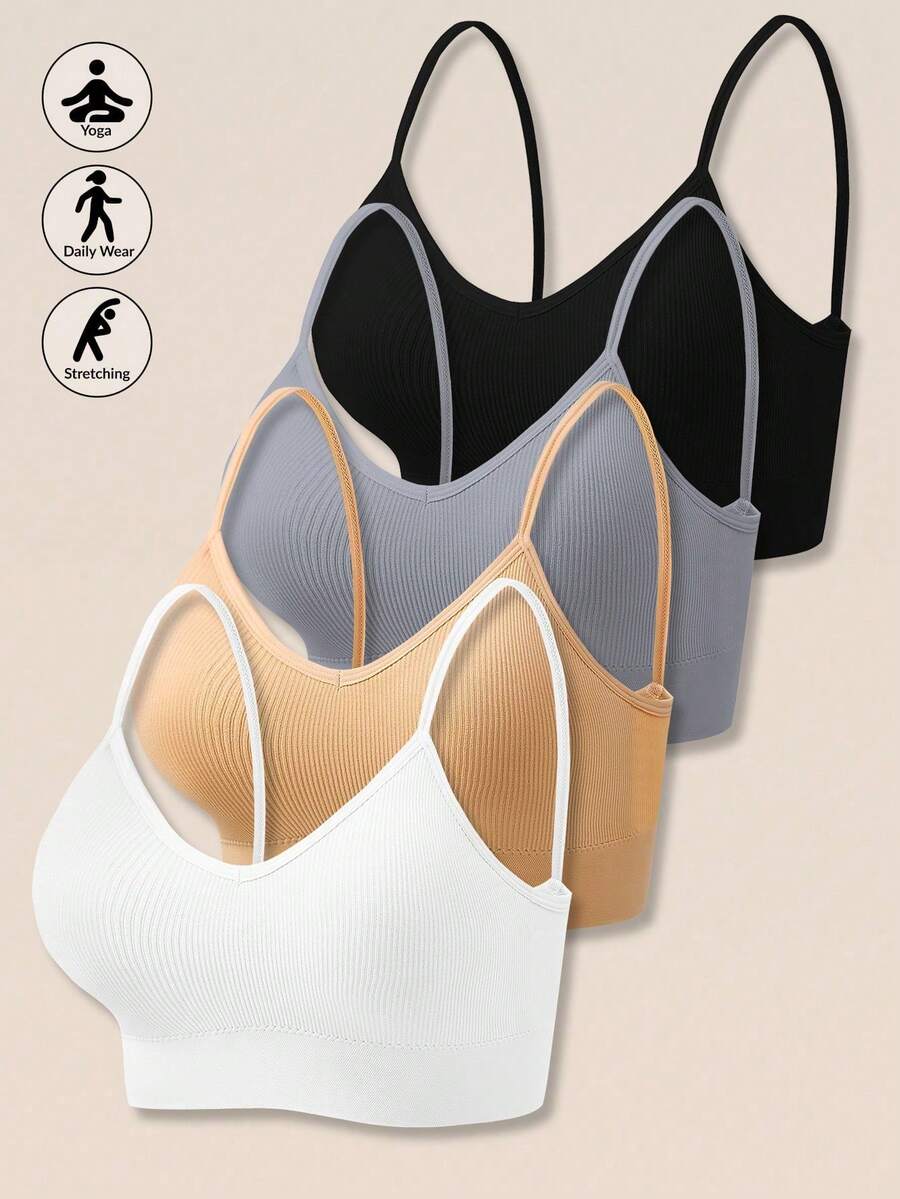 Set Of 4 Women's Seamless Striped Bras, Strappy Back, Wireless, Sexy And Comfortable Padded Underwear - 白色 - 查看 1