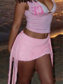 Women Pink Knit Mini Skirt - Side Tie Detail Casual Skirt, Cute Beach Party Bottom For Vacation & Night Out Going Out Clubwear - 粉色 - 查看 1