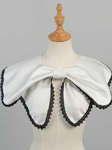 1 Pc Detachable Bowknot False Collar White Lace Trim Satin Cape Collar, Vintage Lolita Style Dickey Collar, Versatile Accessory For Blouses & Dresses - White - View 8
