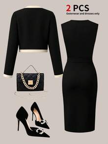Women's Elegant 2-Piece Set, Including Cropped Cardigan Jacket And Sleeveless Button-Decorated Midi Dress, Fashionable And Elegant. - Black - View 6