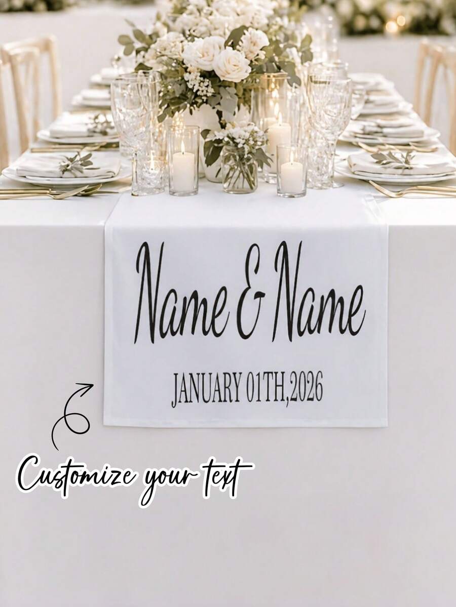 Customized Wedding Table Runner, Suitable For Sweetheart Table Decor, Customizable Name, Perfect For Newlywed Table Decoration And Coordinated Venue Arrangement, Creating Sweet Romantic Event Details And Customized Wedding Display - White - View 1
