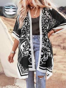 Floral Print Bohemian Style Vacation Beach Kimono Cover-Up Black Summer - Black - View 2