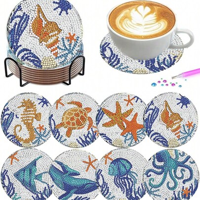 8 piezas/Set Posavasos de Pintura de Diamantes con Soporte, Posavasos de Pintura de Diamantes con Patrón de Mandala, Adecuado para Adultos y Principiantes Kit de Pintura de Diamantes, Suministros de Artesanía de Pintura de Diamantes, Regalo Exquisito para Amigos