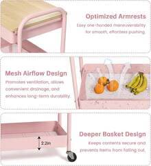 3 Tier Rolling Cart Metal Utility Cart With Wooden Table Top Drawer Hanging Cups Storage Cart For Kitchen Bathroom Office - Pink - View 4