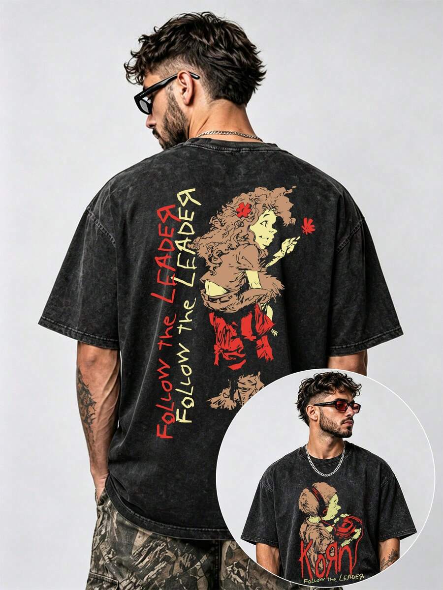 Korn Follow The Leader Nu Metal, Washed Oversized Graphic T-Shirt, Men's Short Sleeve Pure Cotton, Relaxed Fit, 90s Grunge Streetwear, Cartoon Aesthetic, Wide 100% Cotton Pullover Gift - 黑色 - 查看 1