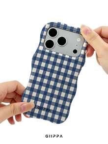 GIIPPA 1件藍白不對稱格紋設計波浪手機殼，適用於Phone 17 Pro Max，相容Phone 16 Pro Max、15 Pro Max、14 Pro Max、11/12/13/14/15/16 Pro Max Plus，韓系高端時尚趣味手機殼，優雅設計男女皆宜，送女友的完美禮物，適合聖誕節、情人節、復活節、婚禮季與生日 - 彩色 - 查看 4