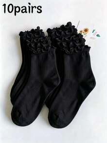 OBOVAY 10 Pairs Women's White Lace Trim Casual Versatile Mid-Calf Socks - White - View 8