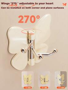 Aesthetic 360° Rotating Butterfly Triple Hook, No-Drill Self-Adhesive Wall Hanger For Hats, Bags & Coats, Strong Sticky Corner Organizer For Bathroom/Bedroom Decor/Kitchen Storage, Space-Saving Rotating Rack For Keys, Scarves & Towels - View 5