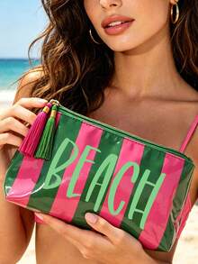 彩色條紋海灘化妝包，印有「Beach」圖案，海灘包，盥洗包，附流蘇拉鍊，可愛彩色海灘圖案裝飾，防水 PVC 盥洗包，便攜旅行化妝收納包，多功能盥洗包，度假化妝收納包，適合海灘、泳池、郵輪和假期必需品，生日禮物，派對禮物，婚禮禮物，開學禮物，旅行紀念品 - 彩色 - 查看 7