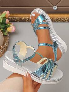 Women's Wedge Platform Sandals, Solid Color Beach Vacation Buckle Comfortable Height-Increasing Open Toe Summer Sandals - Mint Blue - View 7