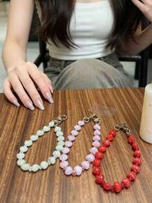 1pc Solid Color Fashion Faux Jade/Crystal Acrylic Heart/Bead Phone Lanyard, Compatible With Daily Use, Aggregation, Valentine's Day Gift Heart Bead Anti-Lost Phone Chain - Multicolor - View 2