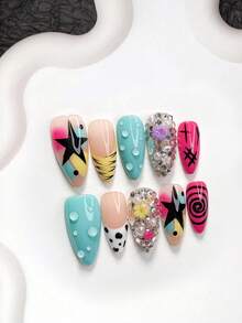 10pcs Y2K Style Handmade Press-On Nails, Polymer Nail Tips Set, Small Flower Rhinestone Decor, Blue And Fuchsia Nail Polish, Sweet & Cool Style, Includes Manicure Tools, 3 Sizes Available, Almond, Duck, Coffin Shape, Suitable For Party, Dance, Daily Wear - Multicolor - View 19