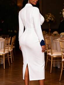 AOMEI Women's Elegant Charming Vintage V-Neck Long Sleeve Slim Fit Colorblock Bodycon Dress, Deep Blue Waist-Cinching Elegant Formal Evening Gown For Wedding Anniversary, Birthday Party, Back To School Season - White - View 3