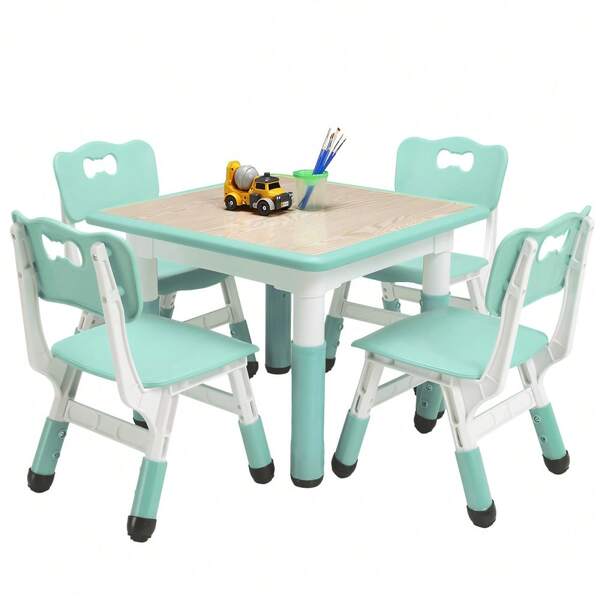 Mesa y 4 sillas ajustables en altura, multiusos (2-10 años): manualidades, estudio. Superficie fácil de limpiar, patas antideslizantes. Ideal para guardería o aula. Color efecto madera