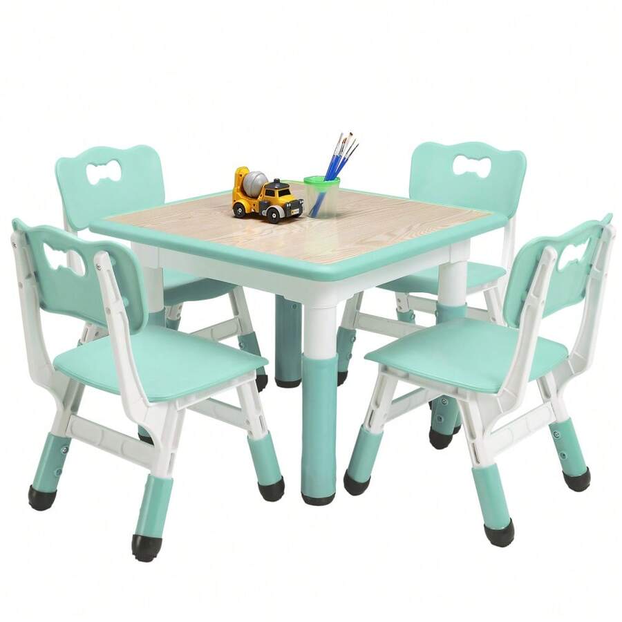 Mesa y 4 sillas ajustables en altura, multiusos (2-10 años): manualidades, estudio. Superficie fácil de limpiar, patas antideslizantes. Ideal para guardería o aula. Color efecto madera - Azul del lago - Ver 1