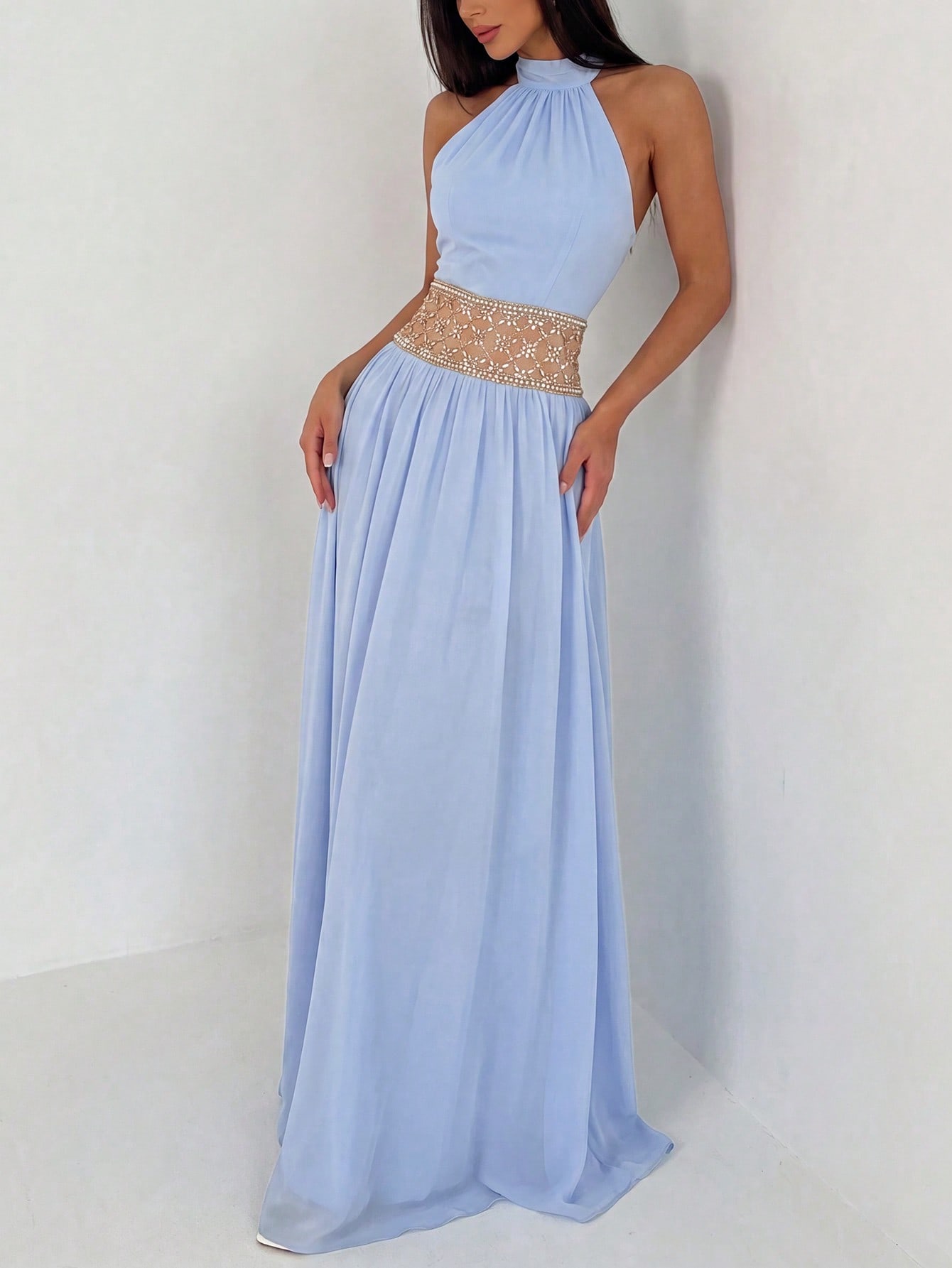 Vestido largo azul cuello halter
