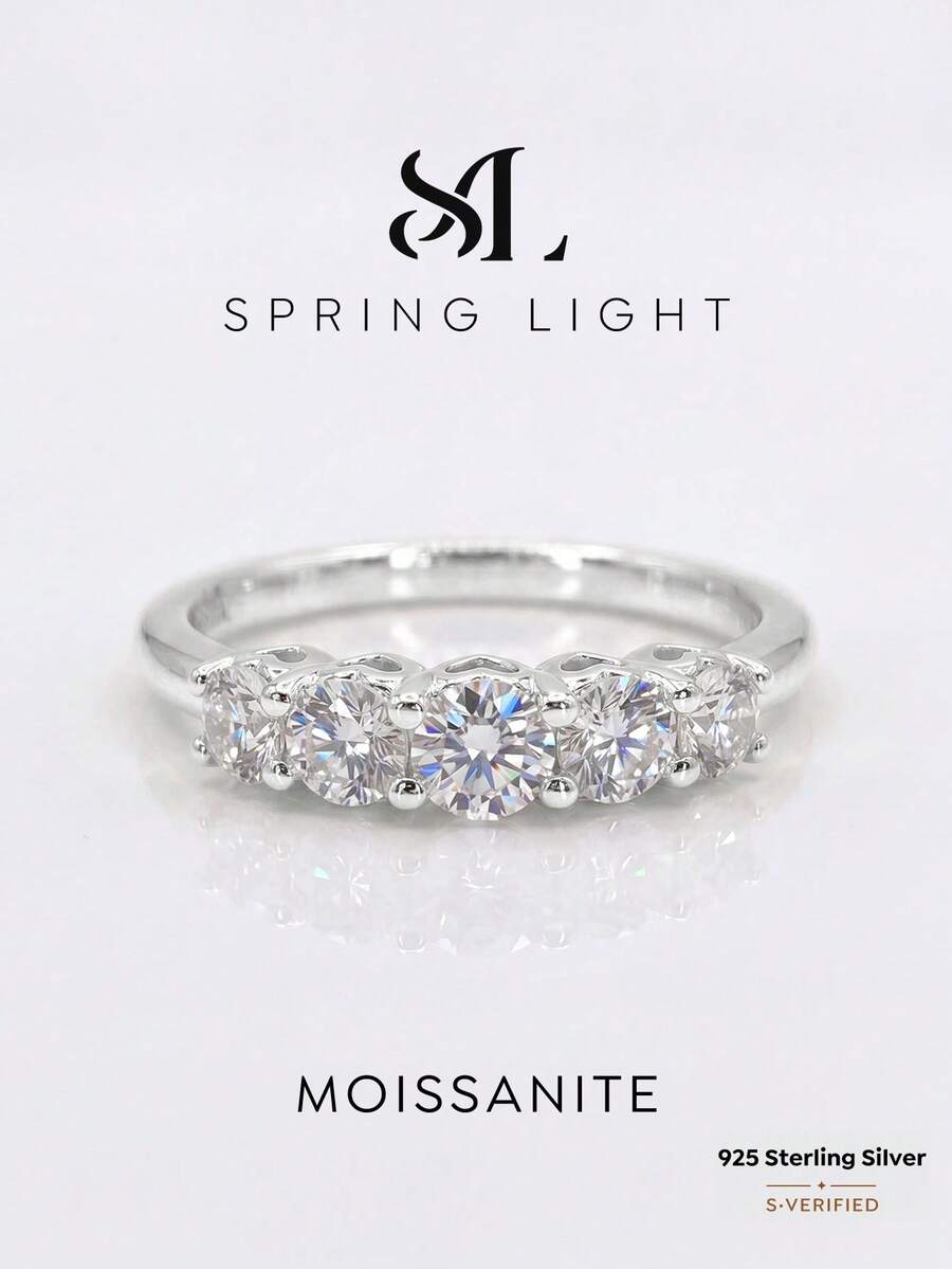 1PC Elegant 925 Sterling Silver Heart-Shaped Five-Stone Moissanite Ring (0.1CT Center Stone) Suitable For Women To Wear At Weddings And Formal Events - Five-diamond Moissanite Ring - View 1