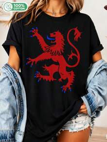 Cotton T-Shirt With Print Of The Scottish Heraldic Rampant Red Lion, Casual Graphic Tee With Medieval Aesthetic. - 黑色 - 查看 1
