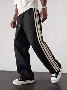 Men's Casual Commuter Pants, Breathable Striped Drawstring Slim Fit Trousers For Outdoor, Running, Sports Black - Black - View 3