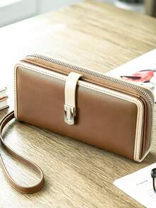 Women's Mini Handheld Phone Wallet, Exquisite Snap Closure Colorblock Soft PU Long Wallet, Multi-Functional Large Capacity Card Holder Zipper Coin Purse, Lightweight & Fashionable - Brown - View 1