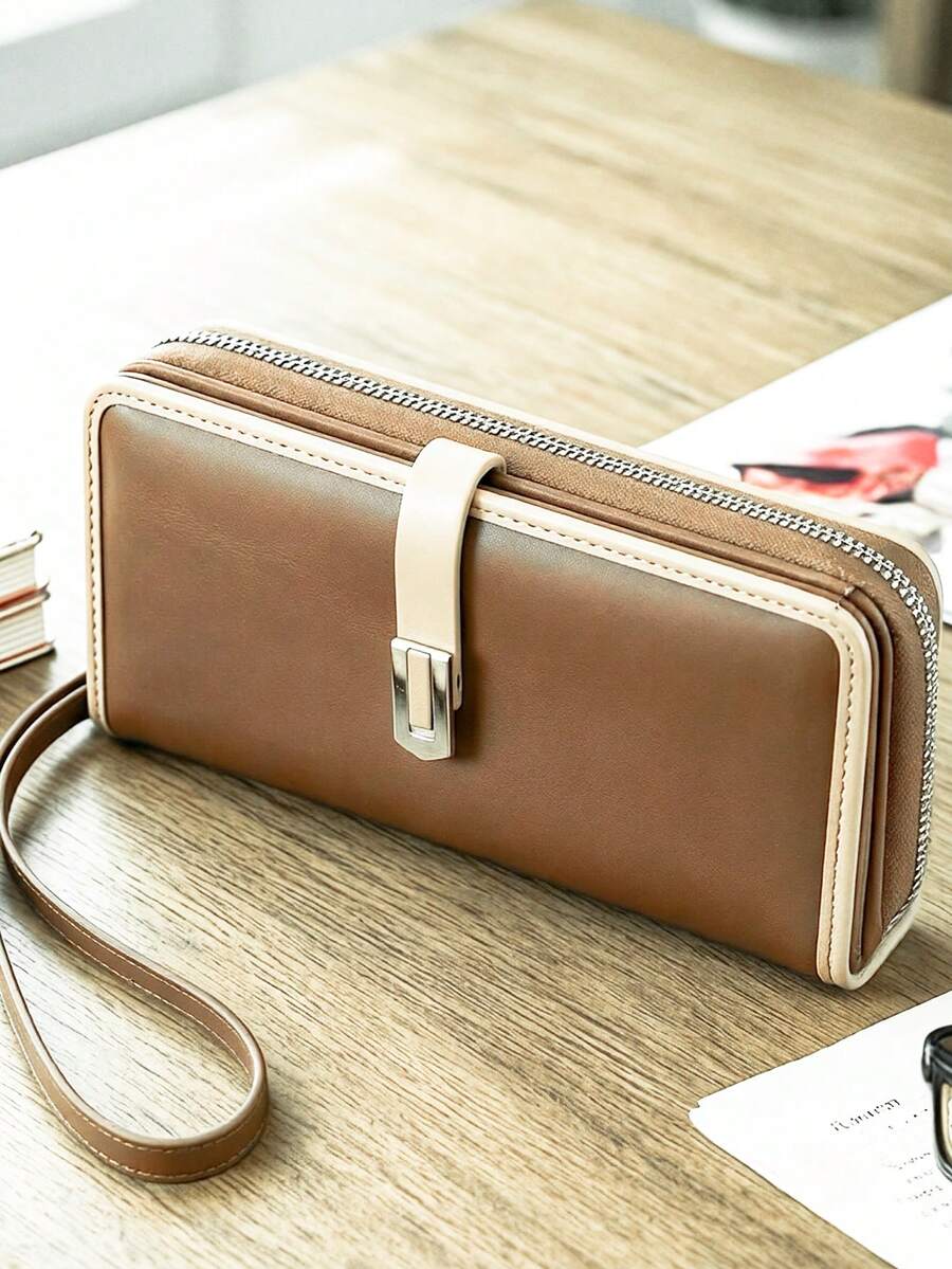 Women's Mini Handheld Phone Wallet, Exquisite Snap Closure Colorblock Soft PU Long Wallet, Multi-Functional Large Capacity Card Holder Zipper Coin Purse, Lightweight & Fashionable - Brown - View 1