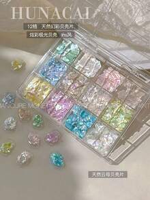 夏季美甲 12格幻彩貝殼美甲裝飾，全息極光貝殼碎片美甲飾品美甲飾件 - 彩色 - 查看 1