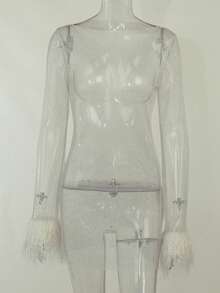 Fashionable Nightclub Sequined Mesh Dress, New Autumn Style, See-Through  Sexy Women's Dress With A High-End Design Sense - 粉色 - 查看 11