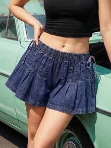 Womens Summer Denim Skorts Casual Loose Fit Stylish Pleated Solid Color Drawstring Elastic Mid Rise Shorts - Blue - View 3