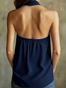 Women's Solid Color Deep V-Neck Fashion Casual Halter Top Summer - Navy Blue - View 2