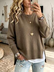 GIGOGOU Autumn/Winter Women's Loose Drop Shoulder Knit Sweater With Ribbed Trim, Minimalist Casual Pullover, Premium Comfortable - Coffee Brown - View 4