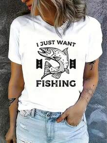 Women's T-Shirt, Short Sleeve Polyester T-Shirt For Ladies With "I Just Want To Fish" Fishing Graphic Design, Black, Casual Fit, 100% Polyester, V-Neck, Casual Style For Outdoor Activities - 白色 - 查看 1