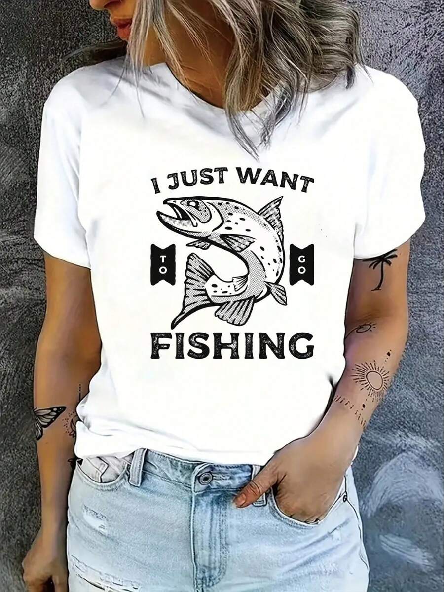 Women's T-Shirt, Short Sleeve Polyester T-Shirt For Ladies With "I Just Want To Fish" Fishing Graphic Design, Black, Casual Fit, 100% Polyester, V-Neck, Casual Style For Outdoor Activities - 白色 - 查看 1