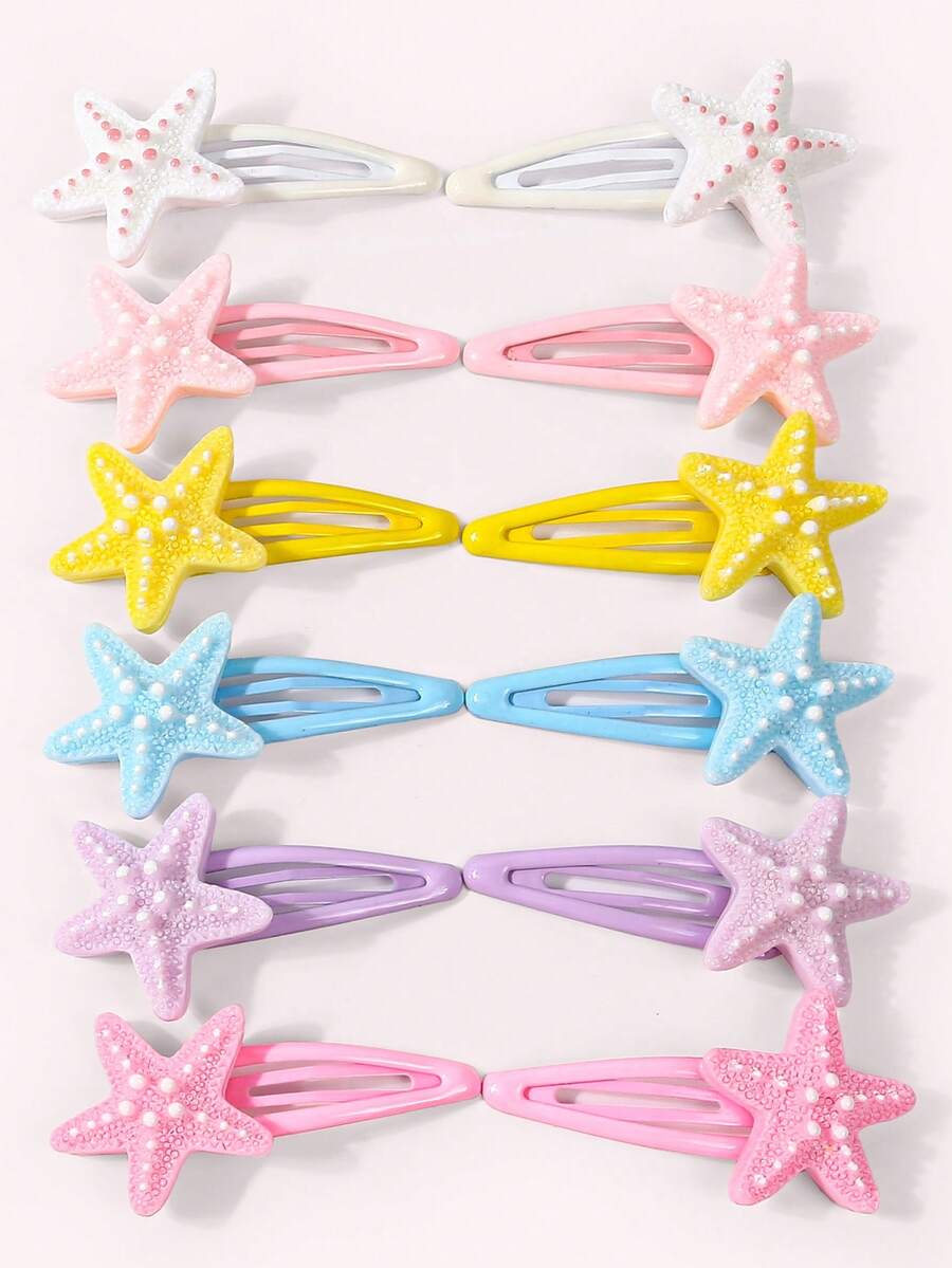 12Pcs Sparkly Starfish BB Hair Clips, Macaron Multicolor Sea Star Barrettes Cute Mermaid Beach Hair Accessories For Girls Daily Party Decor - Multicolor - View 1