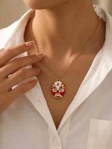 Stainless Steel Retro Floral Masquerade Mask Pendant, Gold-Plated Enamel Personalized Necklace - Gold - View 11