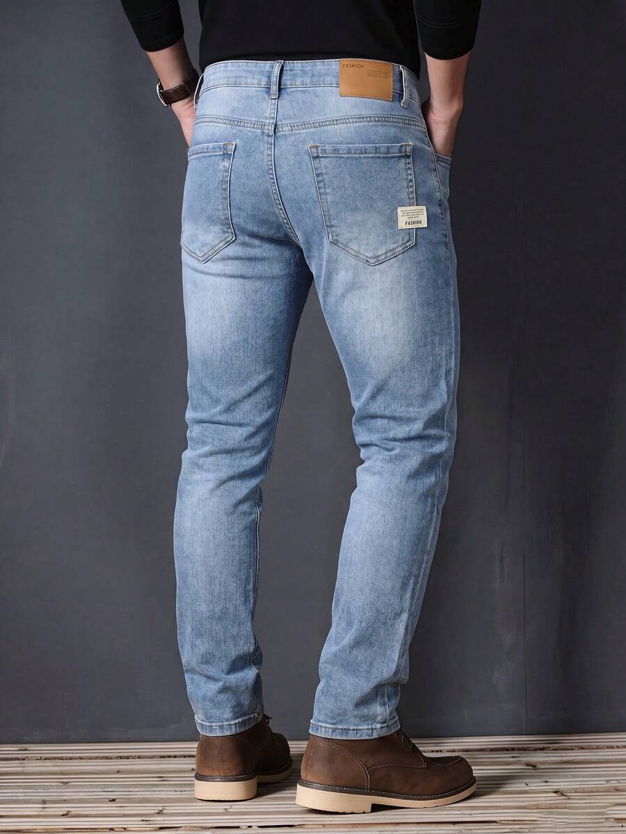 Men's Casual Light Blue Slim Straight Leg Jeans, Everyday Commute All-Season Versatile All-Match Denim Pants - Light Wash - View 1
