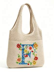 LFIRSTL Women's Crochet Tote Bag | 26 Personalized Initial Options, Bohemian Floral Mesh Beach Bag, Large Capacity Knitted Shoulder Handbag, Suitable For Summer Vacation, Travel And Daily Commute - Khaki - View 33