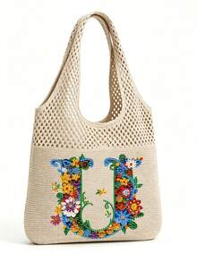LFIRSTL Women's Crochet Tote Bag | 26 Personalized Initial Options, Bohemian Floral Mesh Beach Bag, Large Capacity Knitted Shoulder Handbag, Suitable For Summer Vacation, Travel And Daily Commute - Khaki - View 14