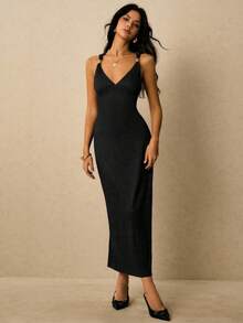 Women's Euro-American Style Midi Party Dress With Straps, Pleated Waist, Fitted Waist - 深棕色 - 查看 6
