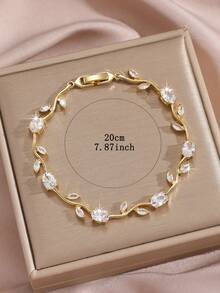 2piezas/Set Pulsera de Flor de Tulipán de Circonita Cúbica con Cadena de Tenis de Cristal Pulsera de Doble Capa, Adecuada para Uso Diario, Citas, Fiestas, Ocasiones Sociales de Mujeres - Dorado - Ver 5