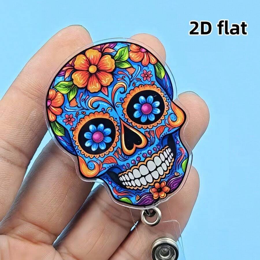 2D Non-3D Skeleton Creative Halloween Theme Retractable ID Badge Lanyard With ID Clip - Acrylic Employee Name Tag Holder, Doctor Nurse Assistant Card Display Holder, Suitable For Hospital Work, Holiday Gift - A - View 1