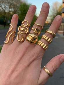 9pcs/Set Fashion Premium Versatile Men's Rings Geometric Asymmetrical Double Layer Water Drop Ring Set High-End Fashion Hand Jewelry Accessories - Yellow Gold - View 1