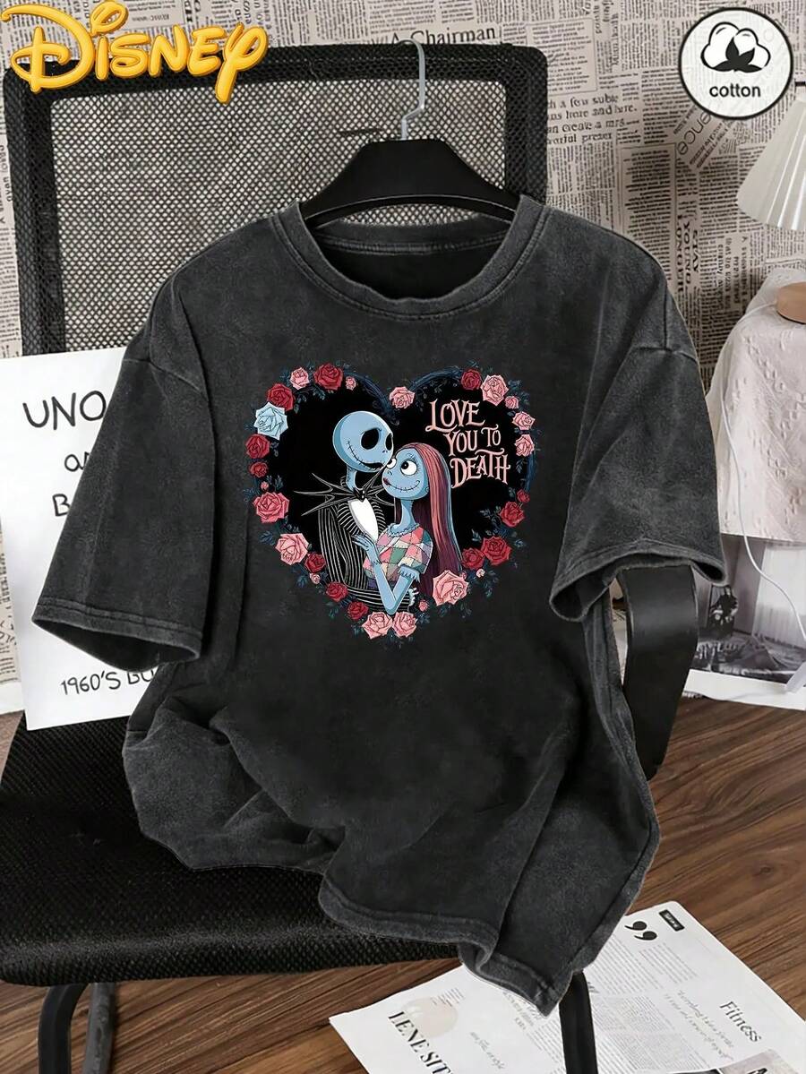 Disney Jack Skellington Sally T Shirt Women Washed Cotton Retro Rose Heart Graphic Tee Short Sleeve Fan Gift Top - 黑色 - 查看 1