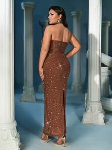 QOQ Women Plus Size Halter Sleeveless Rhinestone Prom Maxi Dress, Backless Slit Bodycon Formal Evening Gown, Elegant Wedding Guest Cocktail Party Dresses - Brown - View 2